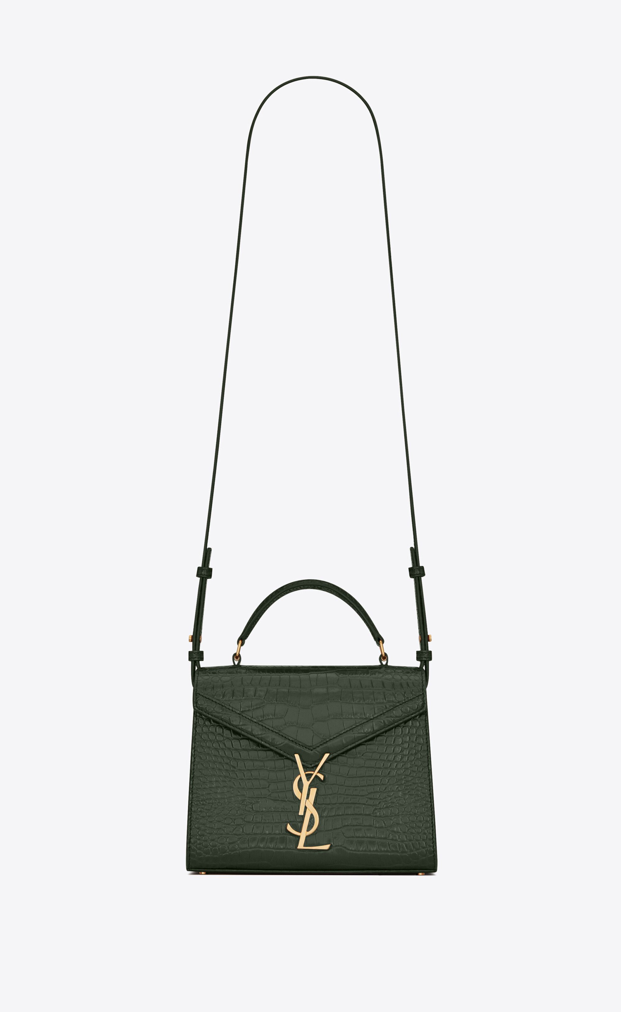 Cassandra Mini Top Handle Bag In Crocodile-Embossed Shiny Leather Green One Size | Saint Laurent Inc. (Global)