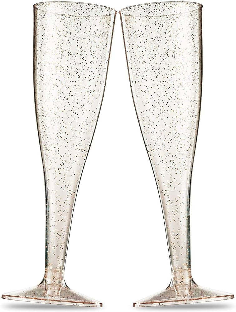 Amazon.com: 100 Plastic Champagne Flutes - Disposable Champagne Flute - Gold Glitter Plastic Cham... | Amazon (US)