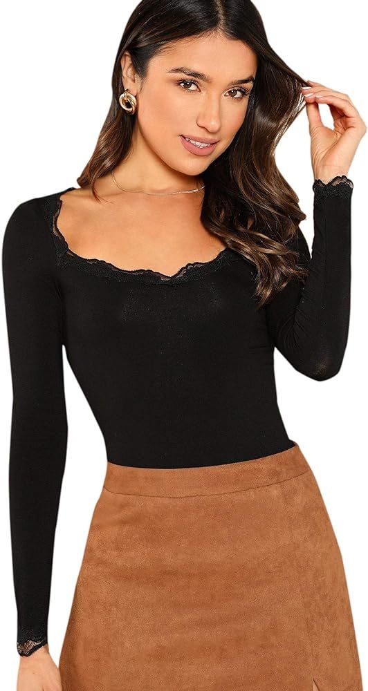 SweatyRocks Womens Long Sleeve Scoop Neck Basic Solid Slim fit Tee Shirt Top | Amazon (US)