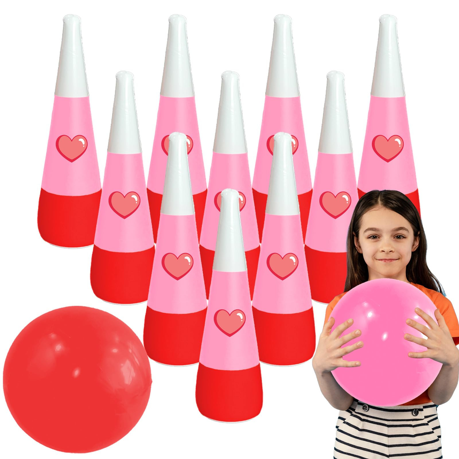12 Pcs Valentine's Day Inflatable Bowling Set - 10Pcs 21.5inch Heart Love Pins with 2pcs 13.8inch... | Amazon (US)