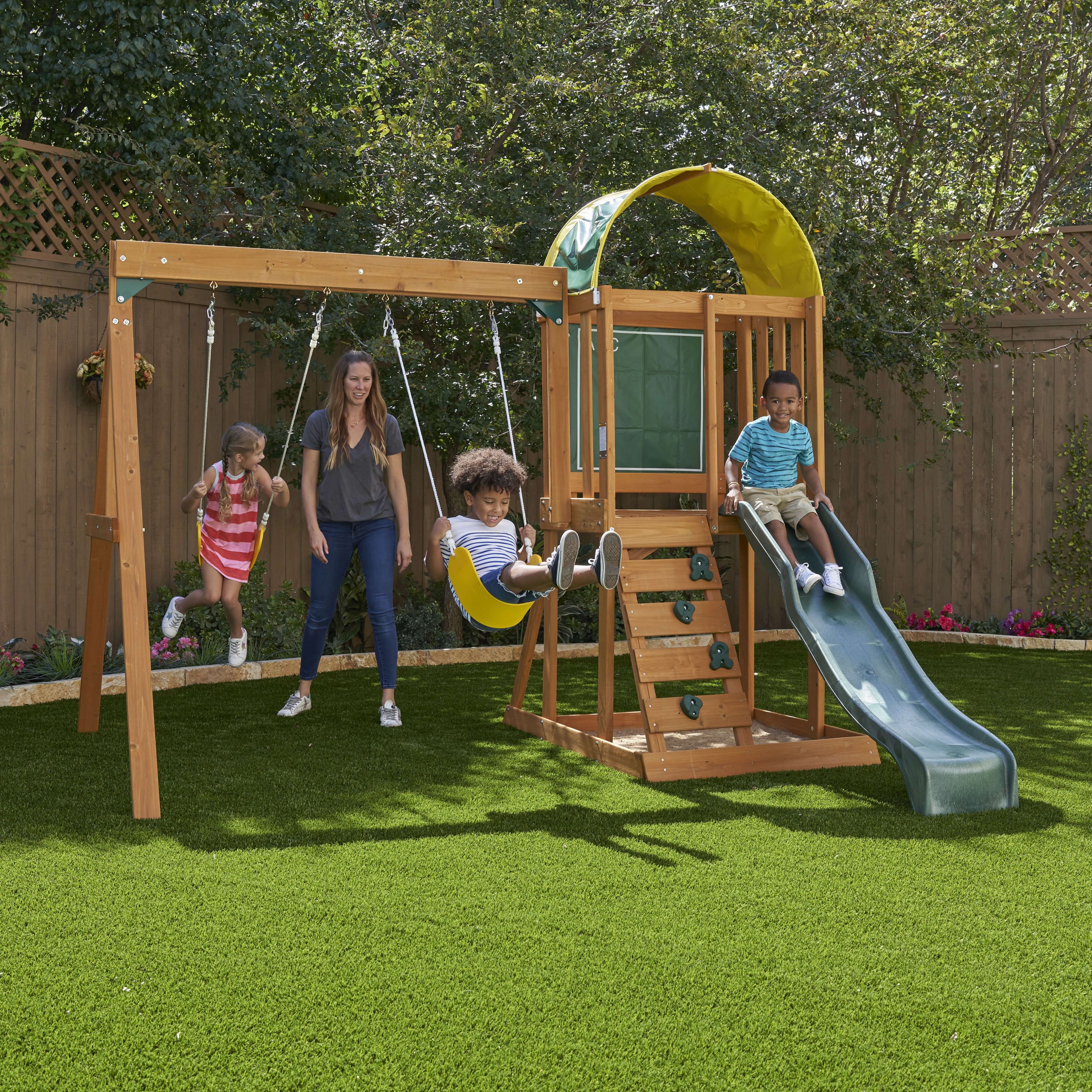 KidKraft Ainsley Wooden Outdoor Swing Set with Slide and Rock Wall - Walmart.com | Walmart (US)