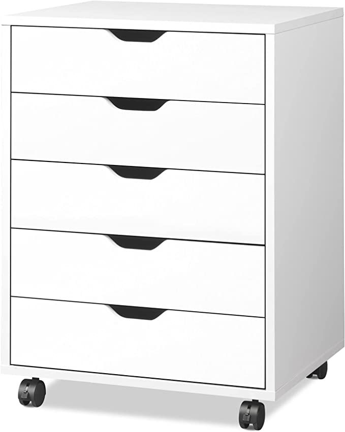 DEVAISE 5-Drawer Chest, Wood Storage Dresser Cabinet with Wheels, White | Amazon (US)