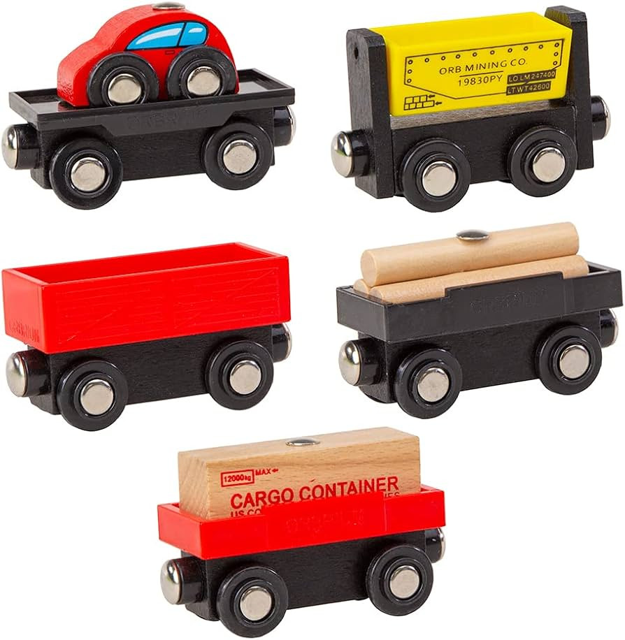 Orbrium Toys 5 Cargo Train Car Set for Wooden Railway Fits Thomas The Tank Engine Chuggington Bri... | Amazon (US)