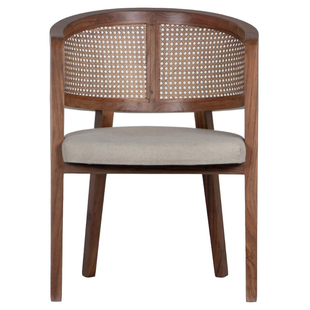 Nesty Mid Century Brown Acacia Wood White Linen Seat Low Cane Back Dining Chair | Kathy Kuo Home