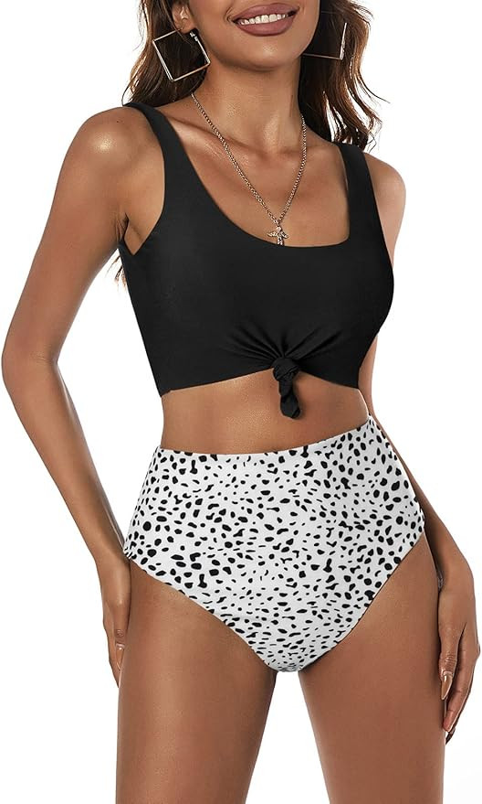 ZAFUL Women's High Waisted Bikini Scoop Neck Swimsuit Two Pieces Bathing Suit | Amazon (US)