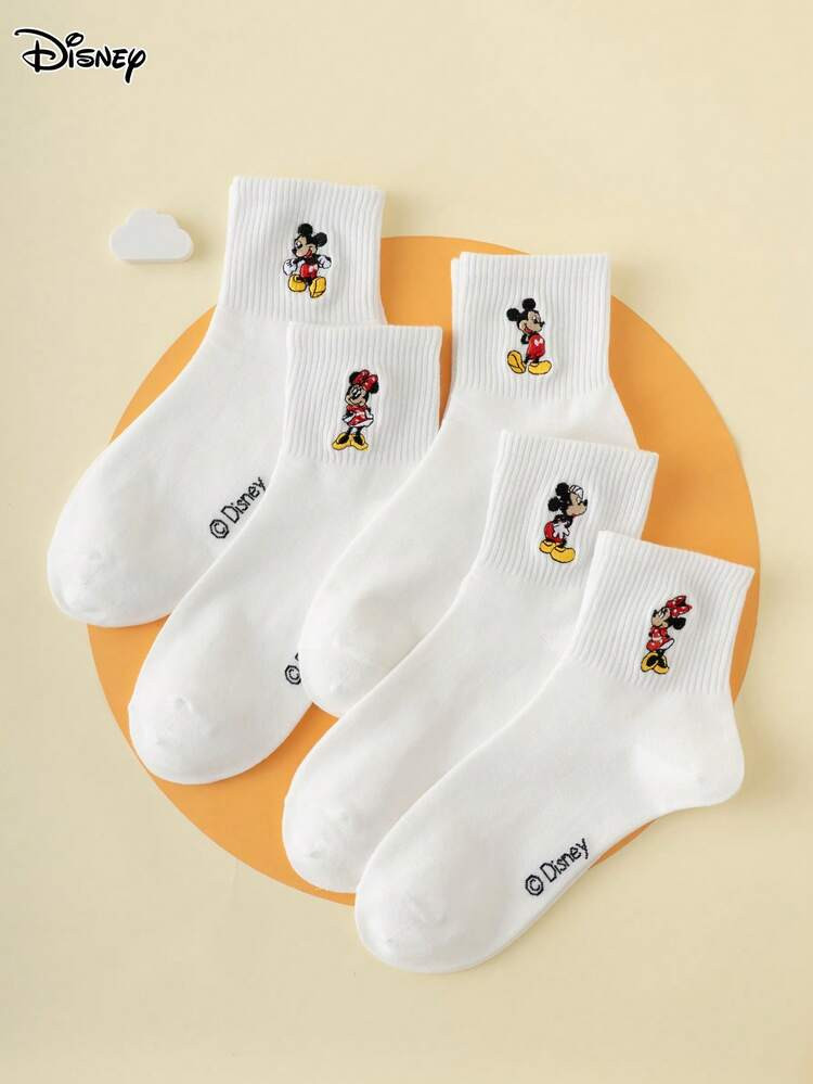 Disney 5 Pairs Of Embroidered Sock Series Mickey And Patterned Fun Cartoon Ladies' Mid-Calf Socks... | SHEIN