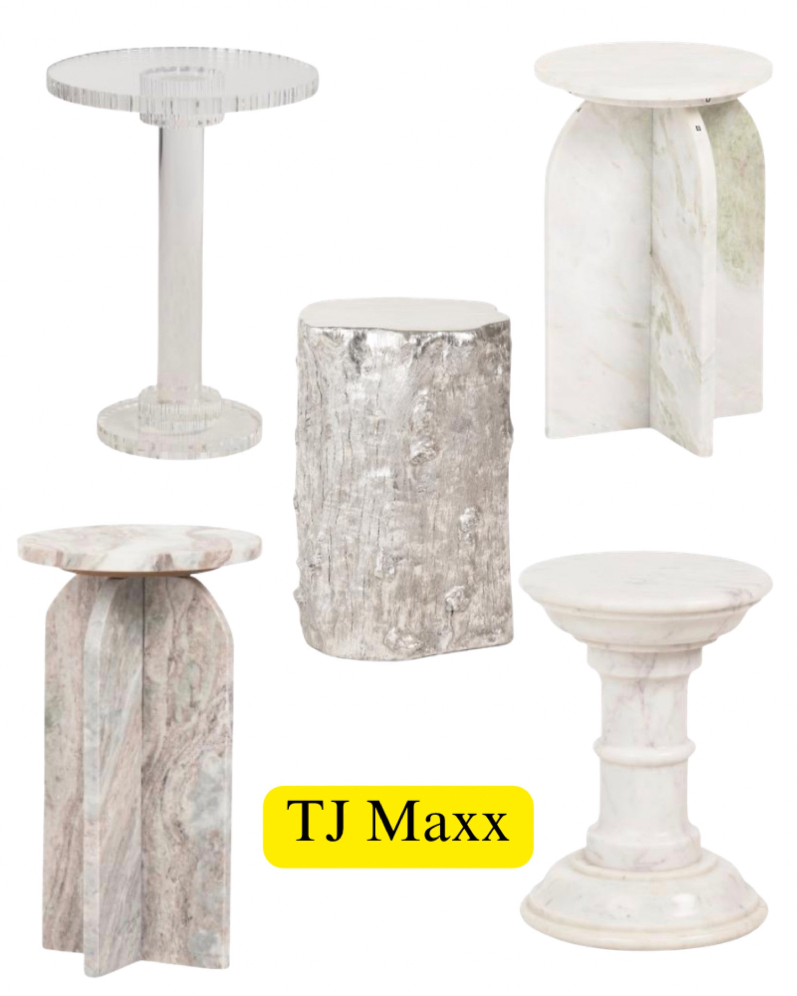 Designer side tables on sale at TJ Maxx, acrylic, marble, silver, white, living room, office, bedroom, French, modern, coastal.

#LTKSaleAlert #LTKHome