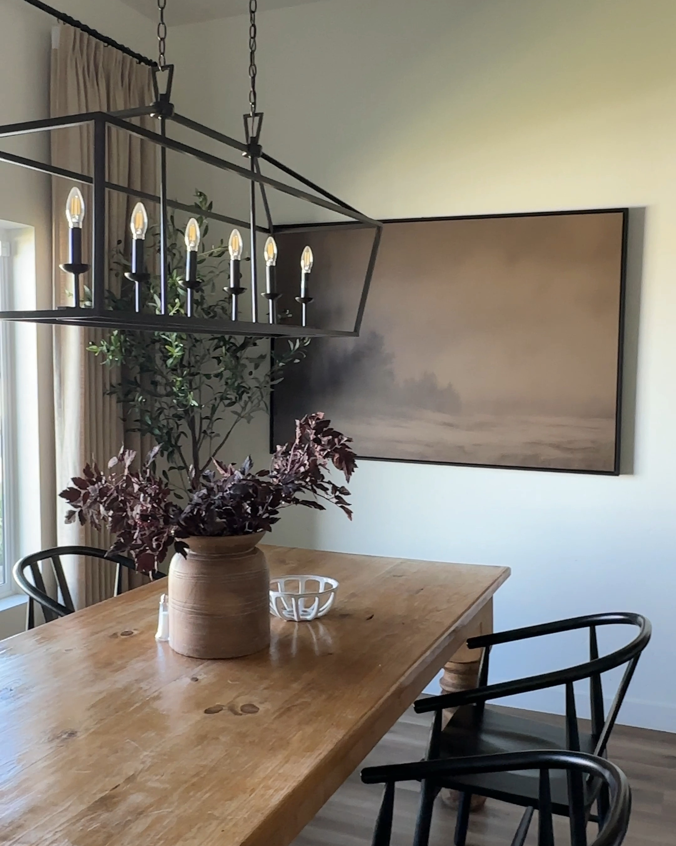 Dining Nook Inspo 

Black Modern Organic Chairs, Large Moody Art: Winter Mood Madelynn Ave
Olive Tree
Light Khaki Triple Pinch Pleat Curtains
Burgundy Stems Berry Fruit Bowl