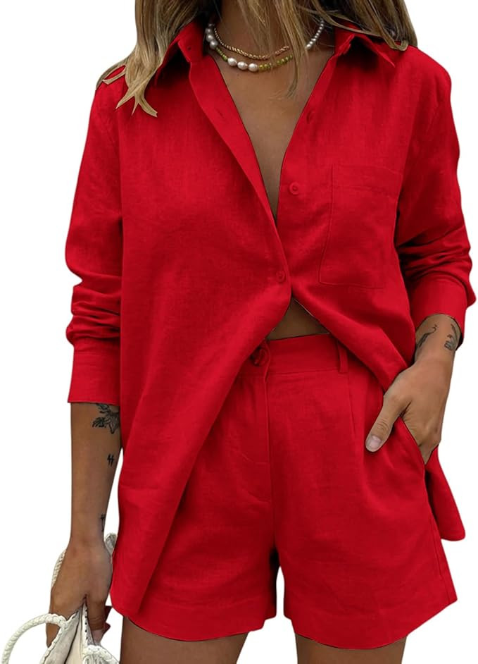 Linen 2 Piece Set for Women Oversized Long Sleeve Button up Blouse Matching High Waist Mini Short... | Amazon (US)
