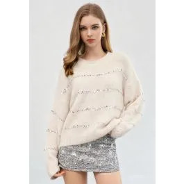 Fluffy Sequin Embellished Knit Sweater in Cream for Evening Outfit & Holiday Occasion | Chicwish