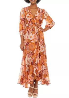 Julian Taylor Women's 3/4 Sleeve Clip Dot Floral Print Wrap Maxi Dress | Belk