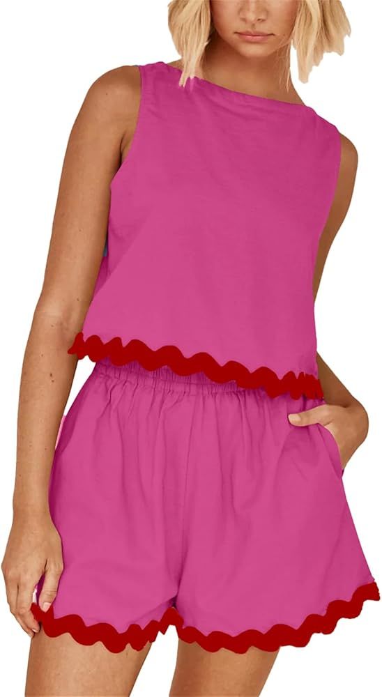 hathne Women's 2 Piece Outfits Lounge Set Sleeveless Cropped Tank Tops Ric Rac Hem Top High Waist... | Amazon (US)