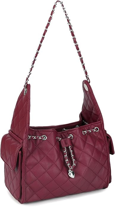 Quilted Hobo Bag for Women, Large Leather Shoulder Purse with Silver Chain Strap Ladies Tote Hand... | Amazon (US)