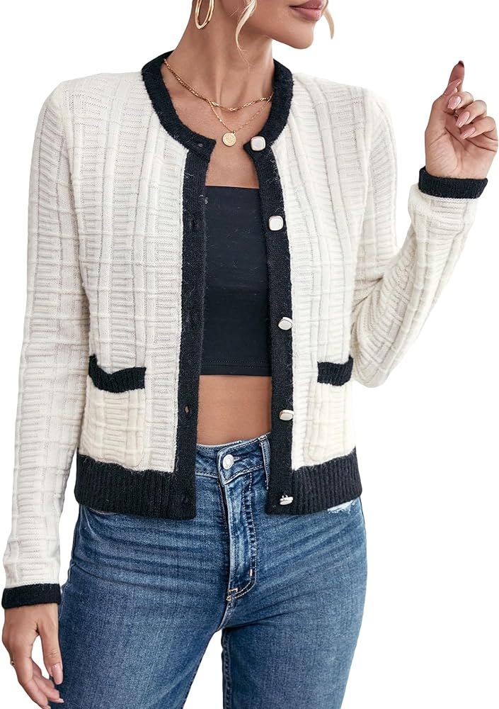 Verdusa Women's Color Block Button Front Long Sleeve Round Neck Cardigan Sweater | Amazon (US)
