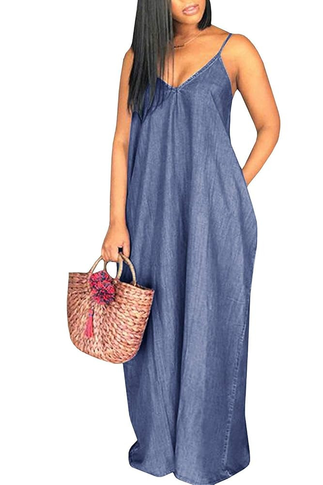 Chuanqi Womens Summer Spaghetti Strap Dresses Casual Denim Deep V Neck Loose Maxi Dress | Amazon (US)