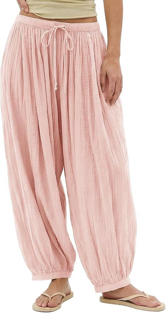 Jenkoon Womens Balloon Pants Summer Flowy Wide Leg Pants Cotton Drawstring Vacation Beach Pants | Amazon (US)