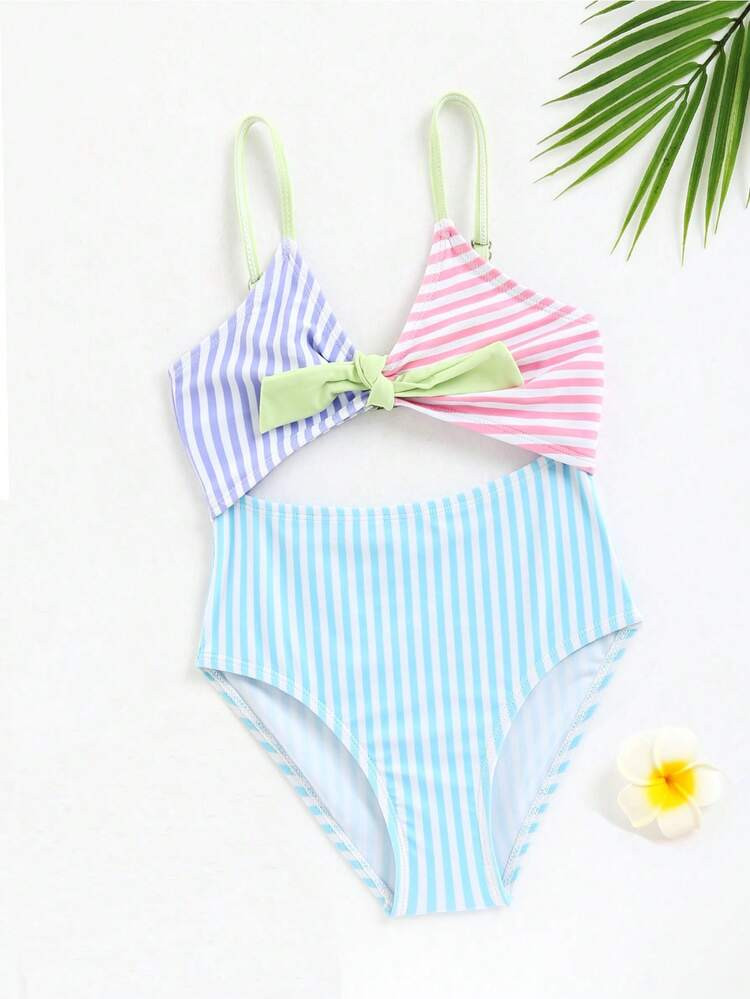 Toddler Girls Striped Cut Out Knot Front One Piece Swimsuit
       
              
              ... | SHEIN