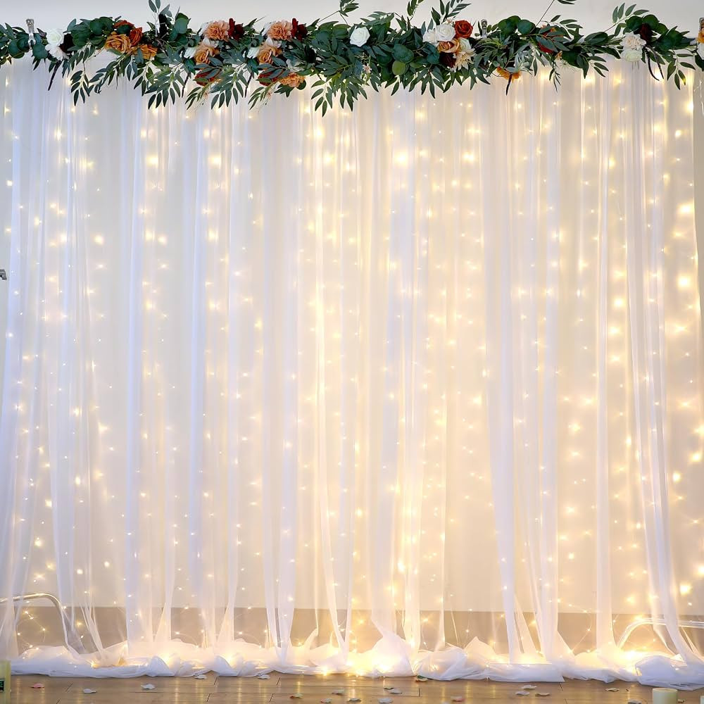 White Backdrop Curtain with Lights String for Parites 30×8ft Sheer Tulle Backdrop Curtain for We... | Amazon (US)