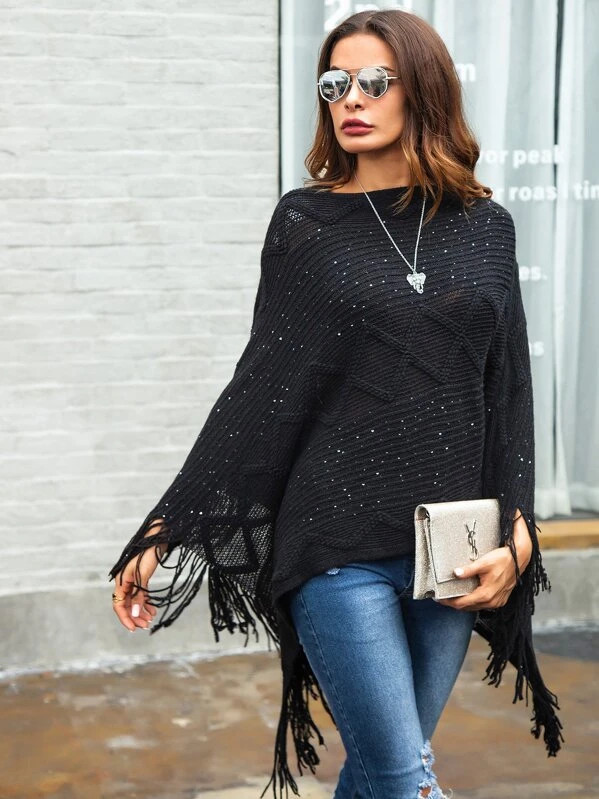 Solid Fringe Detail Poncho Sweater | SHEIN