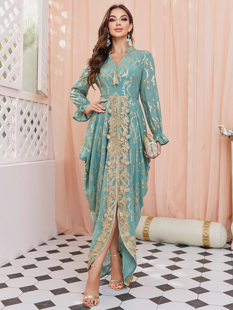 Gold Plant Pattern Notch Neck Flounce Sleeve Applique Detail Split Hem Dress | SHEIN