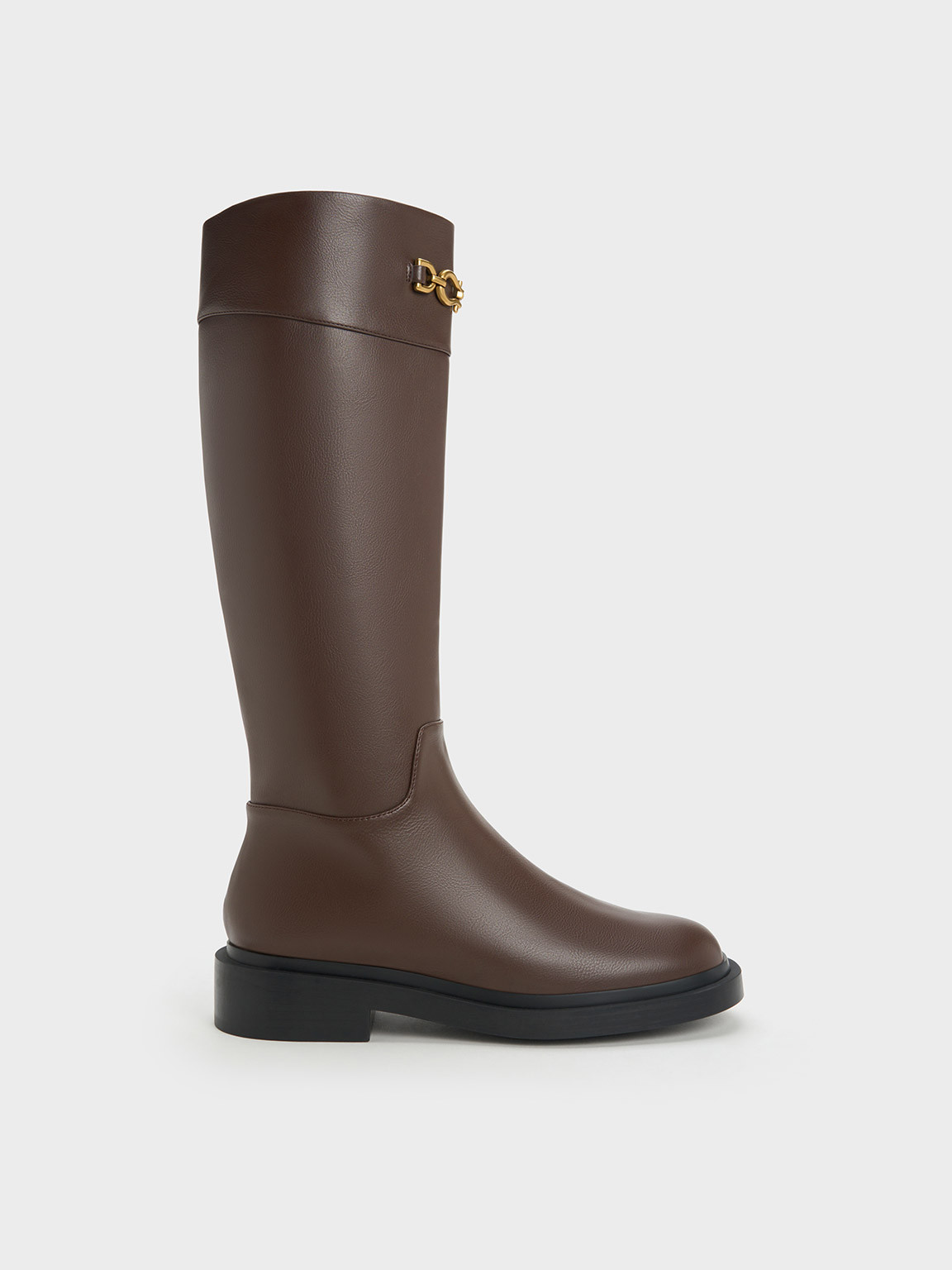 Metallic Chain Accent Knee-High Boots
    
         - Dark Brown | Charles & Keith US