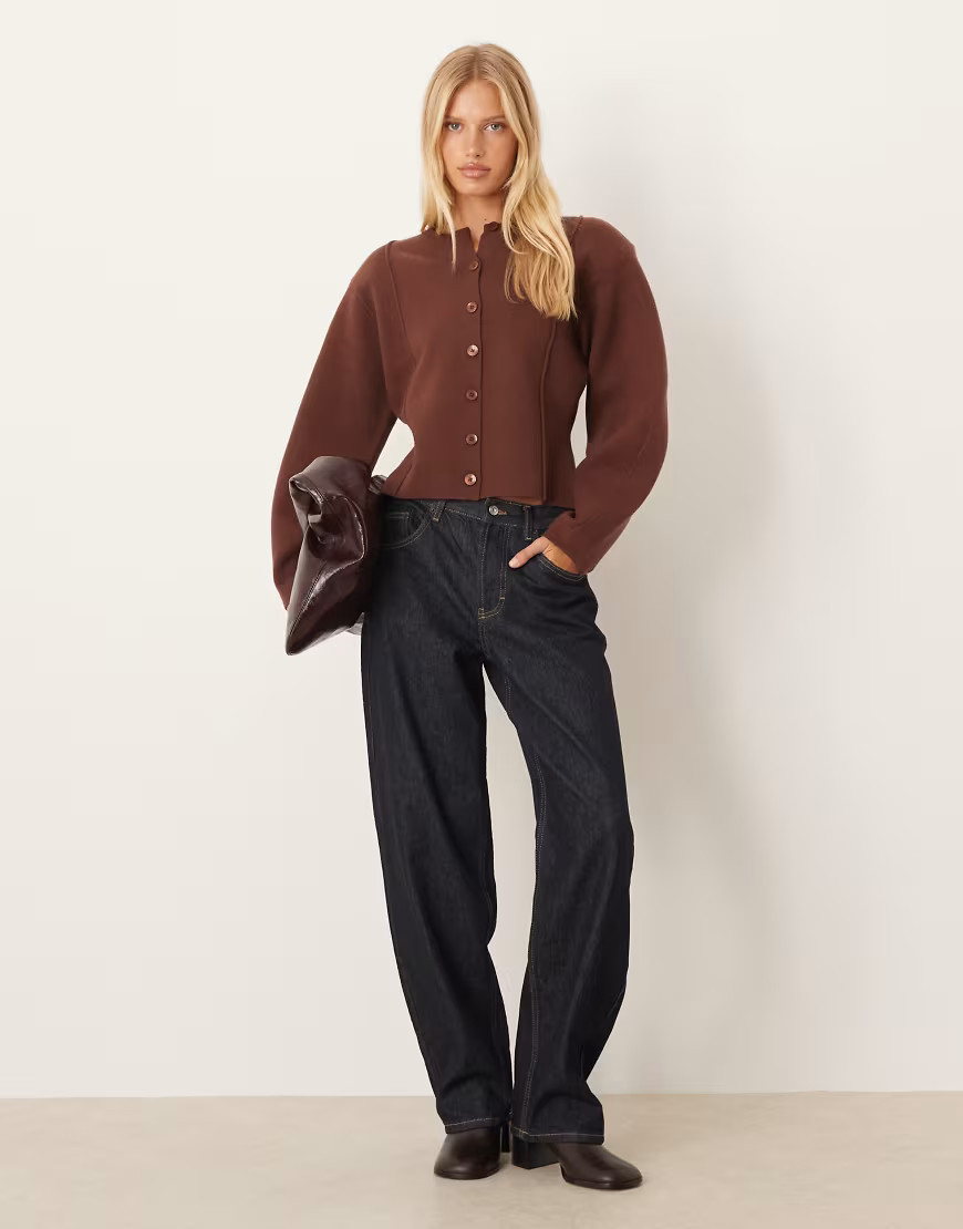 ASOS DESIGN structured shoulder pads waisted crew neck cardigan in chocolate-Brown | ASOS (Global)