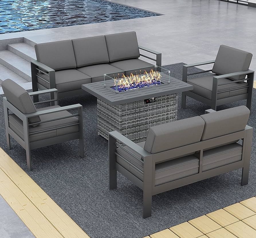 LayinSun Aluminum Furniture Set with Fire Pit Table, 5 Pieces Patio Sectional Conversation Chat S... | Amazon (US)