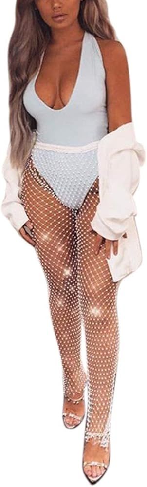 Sequin Mesh Pants Sparkle Rhinestone Leggings Glitter Fishnet Bottoms Rave Outfit for Women Party Fe | Amazon (US)