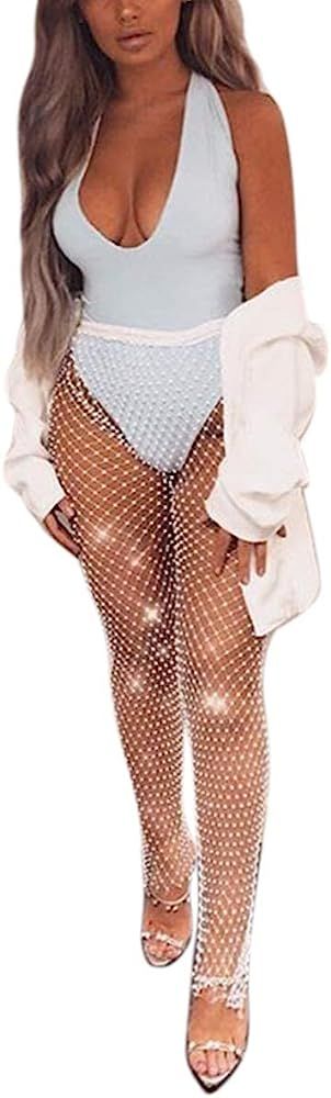 Sequin Mesh Pants Sparkle Rhinestone Leggings Glitter Fishnet Bottoms Rave Outfit for Women Party Fe | Amazon (US)