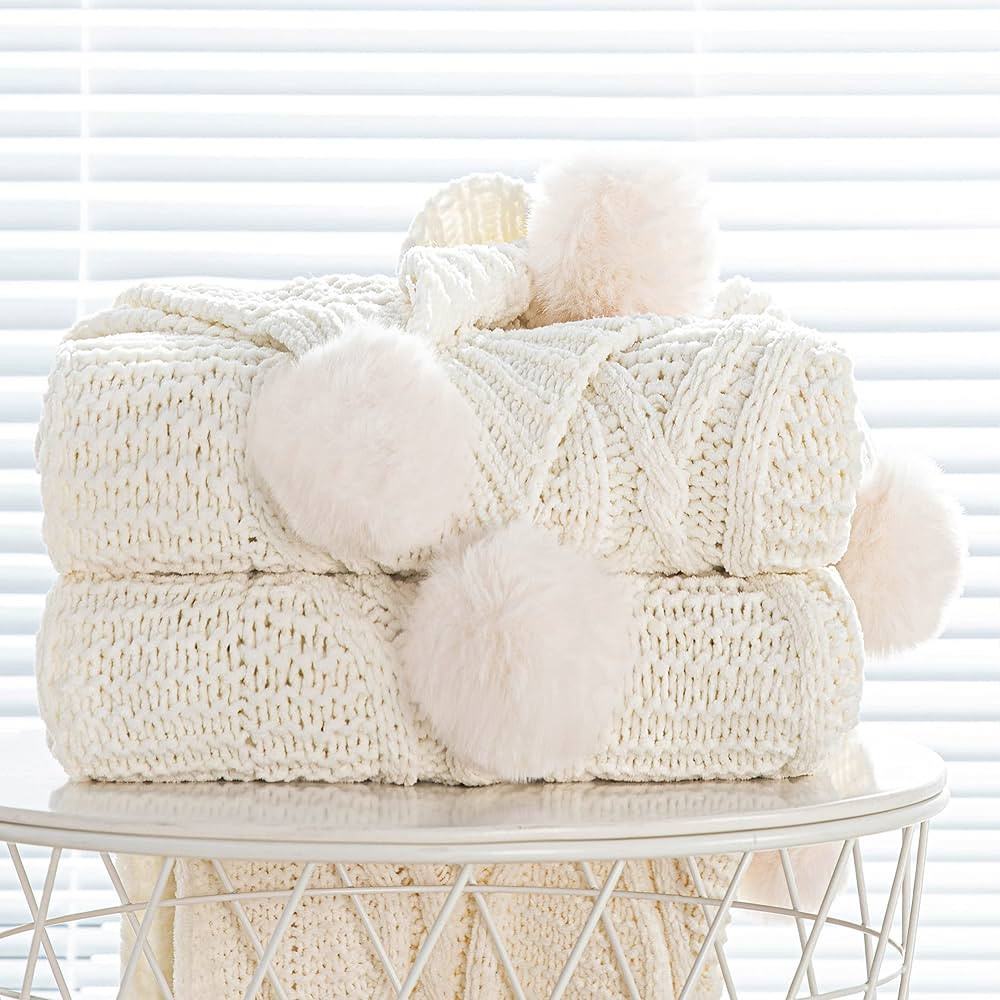 Chunky Knit Blanket with pom poms- Thick, Soft, Big, Cozy Throw Blankets for Couch, Bed, Sofa, Ch... | Amazon (US)