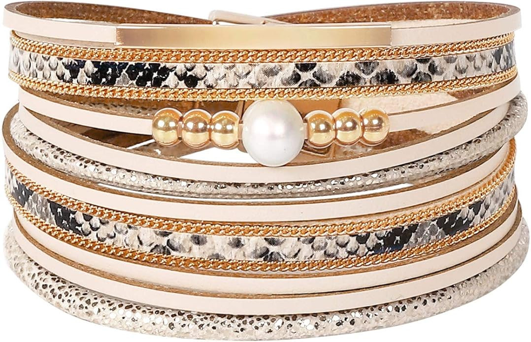 Leather Wrap Bracelets for Women, X Shaped Boho Wrap Bracelet Magnetic Clasp Cuff Bracelet Bohemi... | Amazon (US)