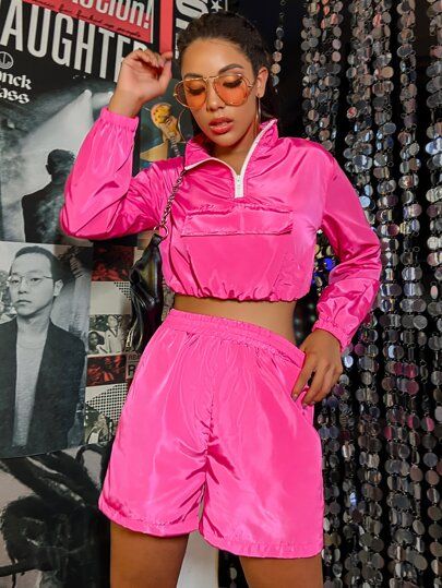Neon Pink Crop Wind Jacket & Shorts Set | SHEIN
