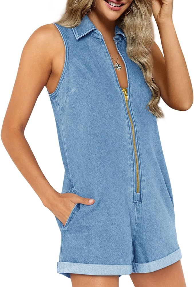 Yousify Short Rompers for Women Summer Dressy Sleeveless Jean Romper Loose Fit Zipper Overall S-2... | Amazon (US)