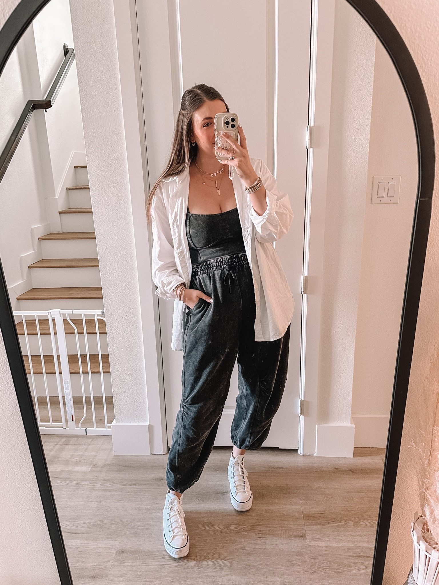 Casual mom outfit - XL jumpsuit (if in between size up), tts L shirt, tts 9 sneakers  

#LTKmidsize #LTKSeasonal #LTKstyletip