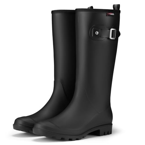 HISEA Black Rain Boots Women Slim Calf PVC Rubber Boot Tall Fashion Rainboots Waterproof Seamless Matte Surface Women's Rain Footwear Ladies Outdoor Shoes for Garden Work Walking | Amazon (US)