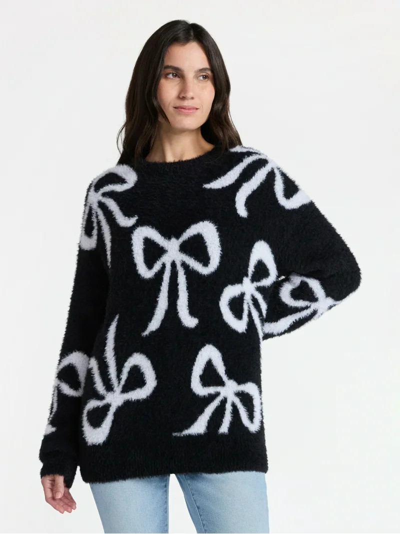 99 Jane Street Women's and Women's Plus Bow Print Pullover Sweater, Midweight, Sizes XS-4X | Walmart (US)