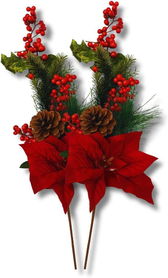 Kit com 2 Enfeites Natalinos Flor Vermelha, Pinha e Frutinhas | Galho Decorativo Realista 63cm pa... | Amazon (BR)