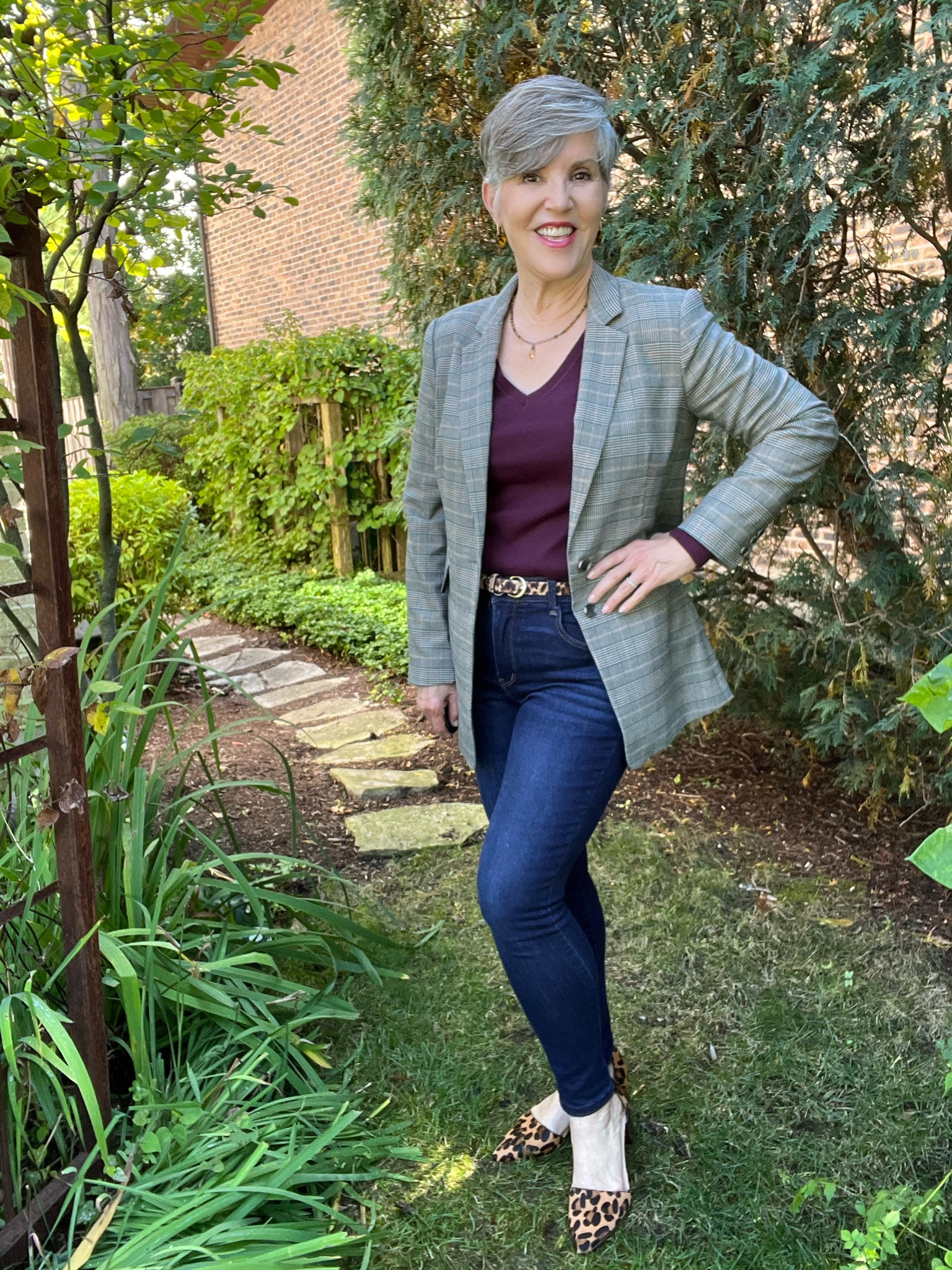 Vince plaid blazer (S)/Wit and Wisdom jeans (6)/Leopard belt/burgundy bench/ Leopard shoes

#LTKunder50 #LTKfamily #LTKstyletip