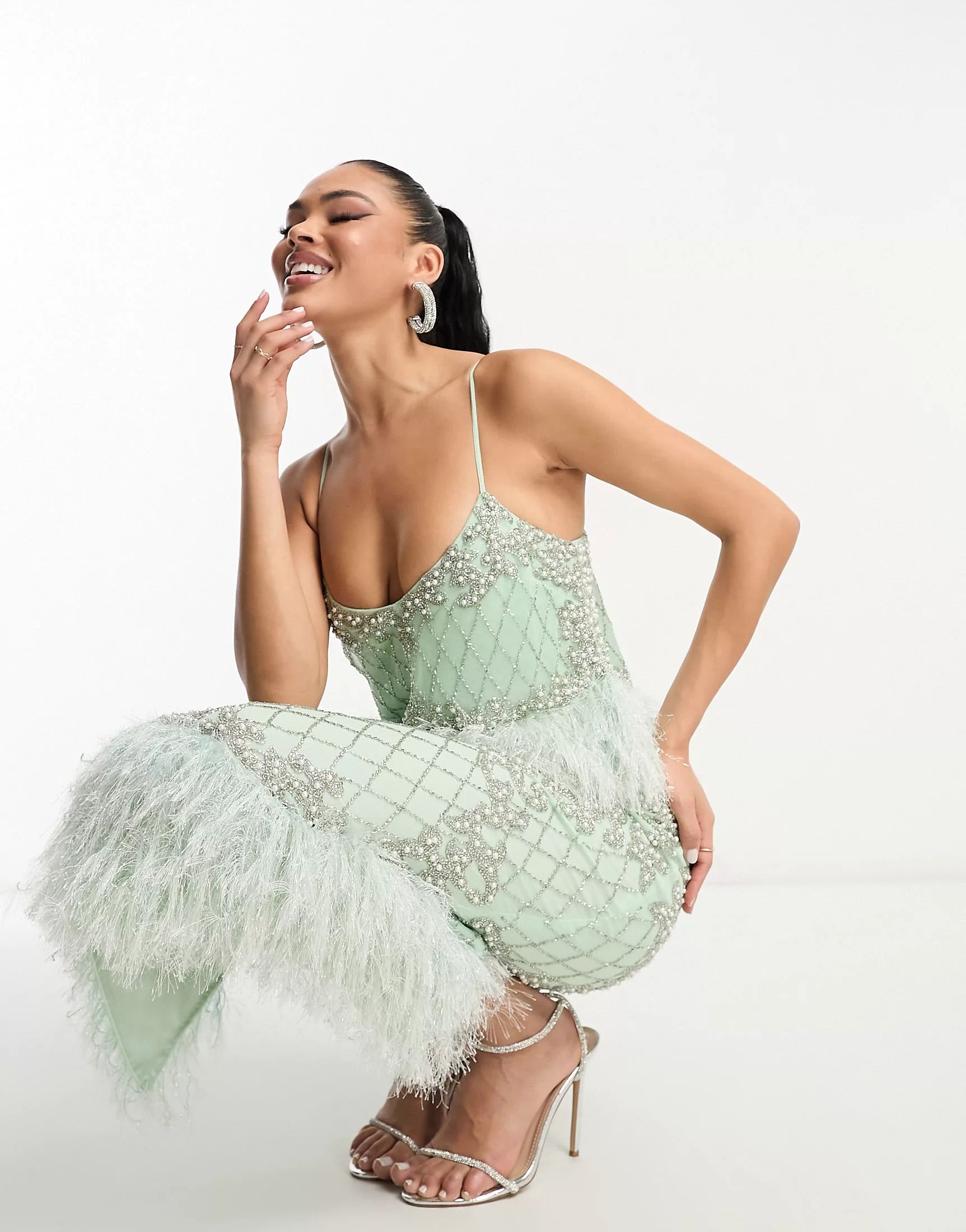 ASOS DESIGN faux feather waist embellished sequin midi dress in mint | ASOS (Global)