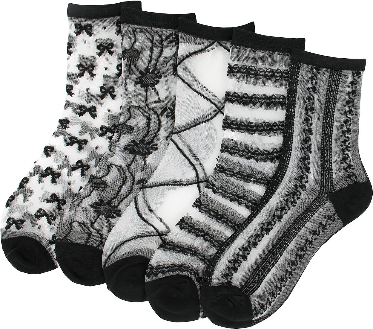 XTBPQMX Womens Sheer Plaid Polka Dots Flower Socks Ultrathin Lace Mesh Ankle Short Dress Socks | Amazon (US)