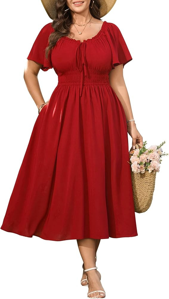 CICIDUDU Plus Size Summer Boho Maxi Dress for Curvy Women Scoop Neck Tie Front Cute Milkmaid Casu... | Amazon (US)