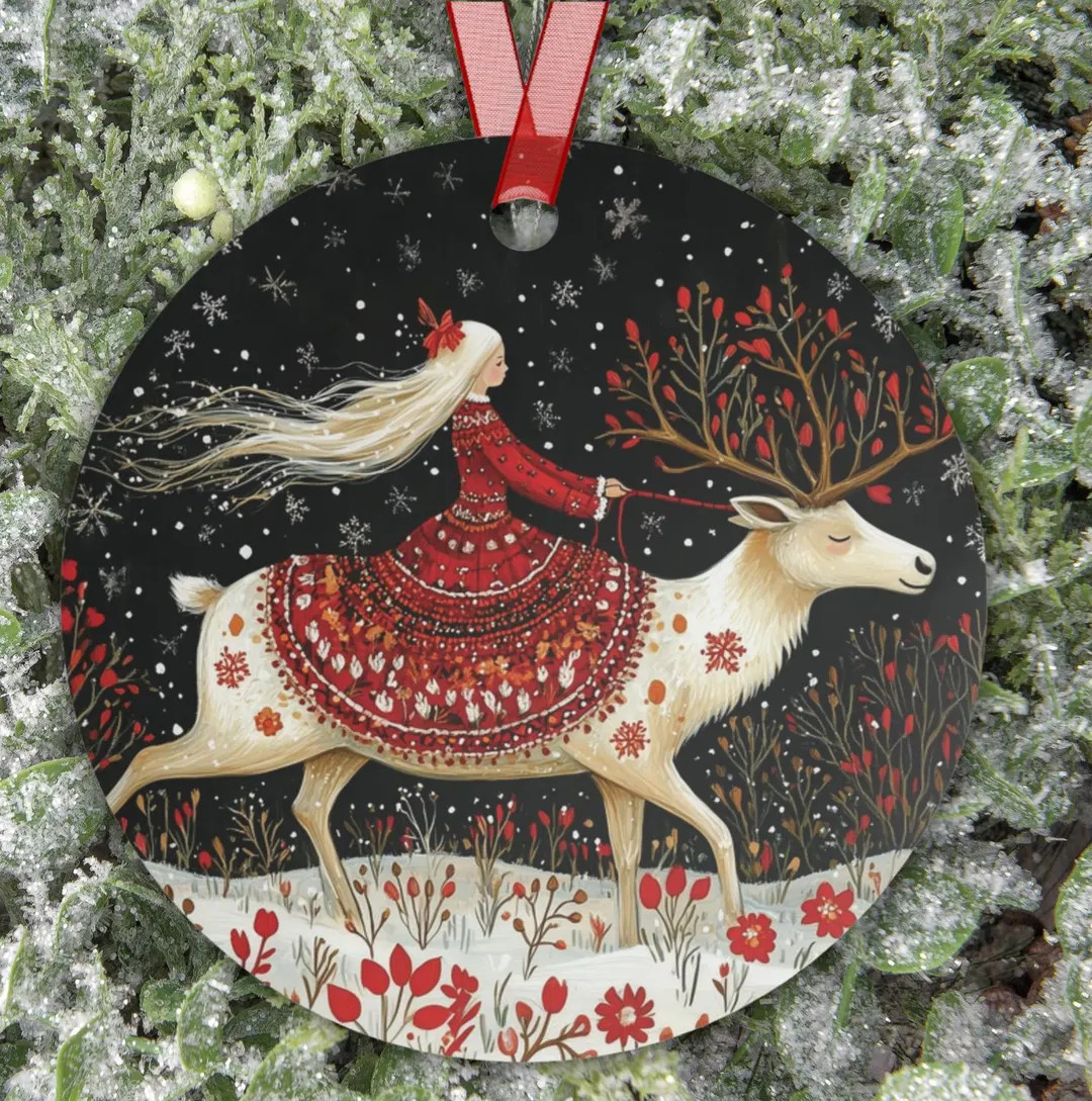 Whimsical Winter Deer & Maiden Metal Ornament, Folklore-Inspired Scandinavian Christmas Decoratio... | Etsy (US)
