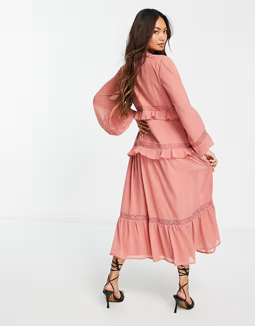 ASOS DESIGN long sleeve button through lace insert tiered midi dress in dusky pink | ASOS | ASOS (Global)