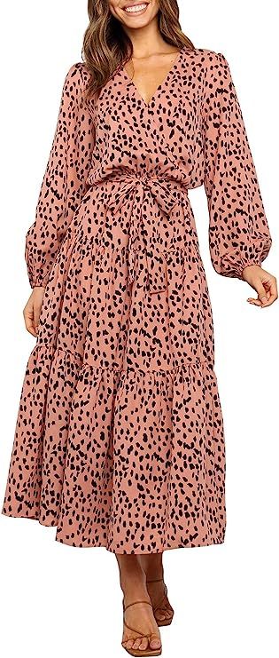 MITILLY Women's Boho Leopard Print Ruffle Long Sleeve V Neck Casual Flowy Party Maxi Dress | Amazon (US)