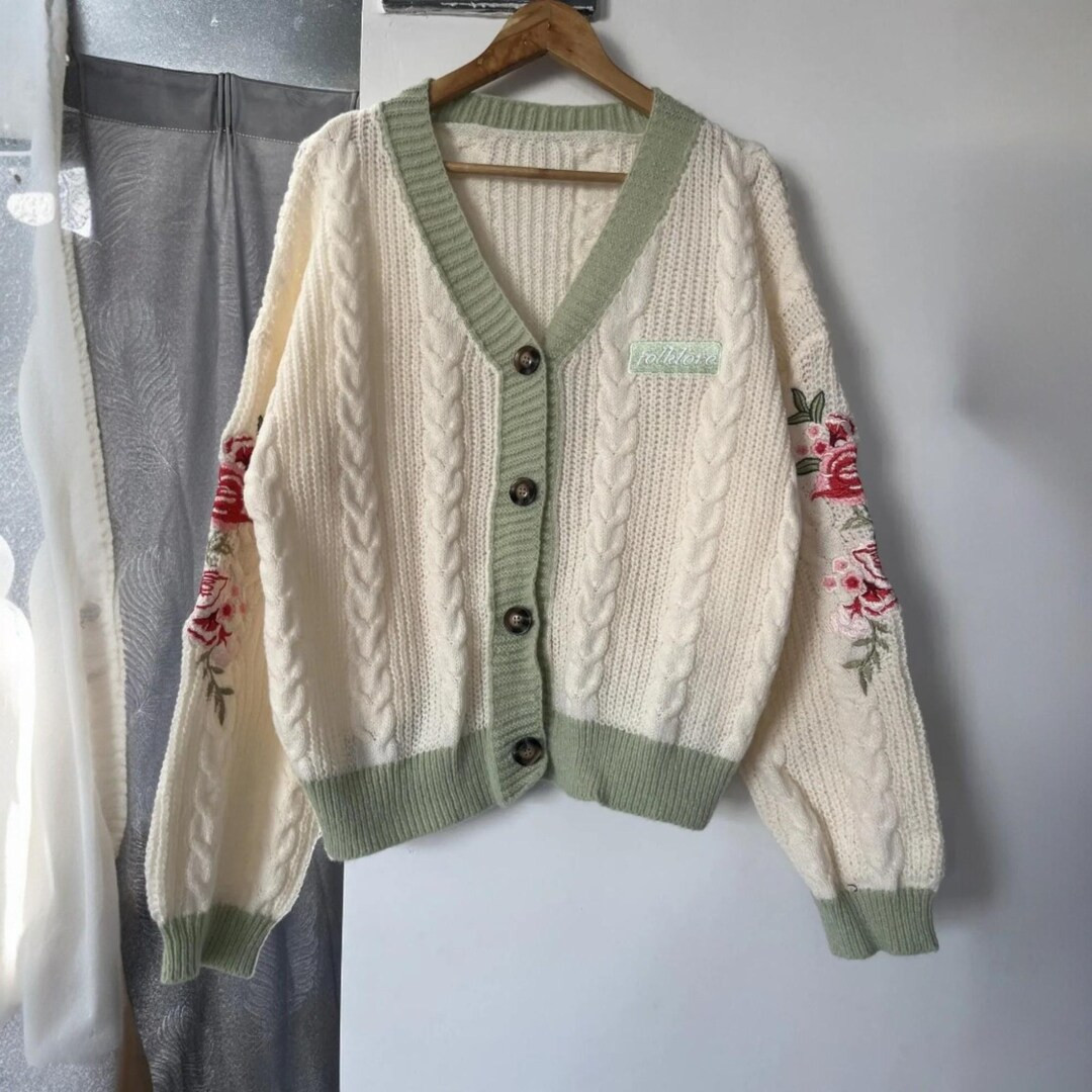 Women's Beige Embroidered Cardigan | Flower Knit Sweater | V-neck Winter Warm Knitwear | Single B... | Etsy (US)