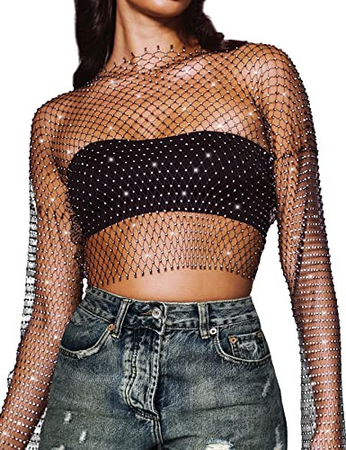CYCLAMEN Women's Rhinestone Body Chains Long Sleeve Crop Tops Crystal See Through Mesh Diamond Fi... | Amazon (US)