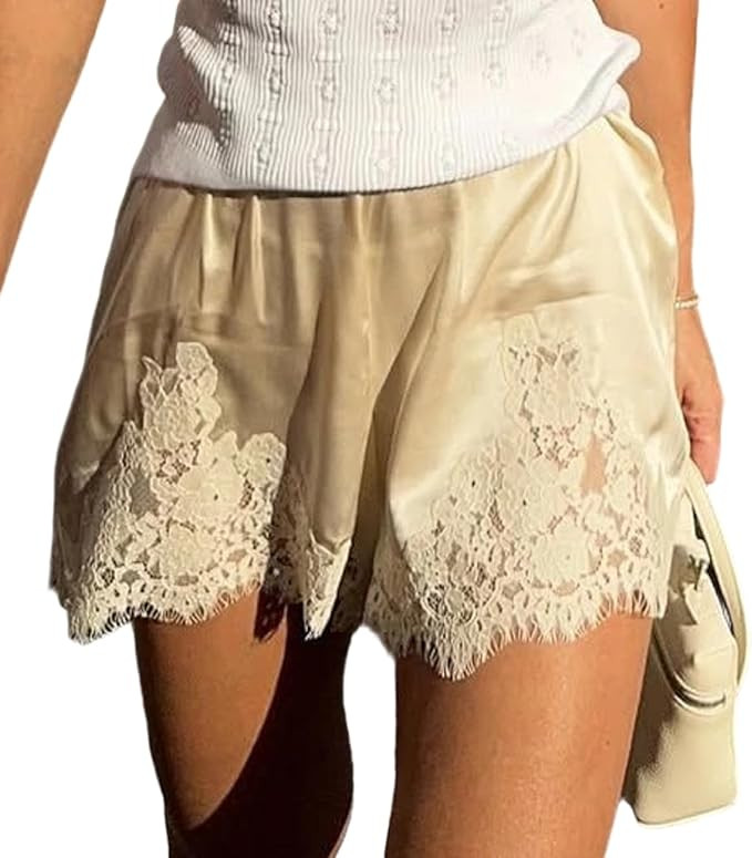 Women Lace Trim Satin Shorts Silk Boxers Lounge Shorts Slips Satin Bloomers Culotte Short Pettipa... | Amazon (US)