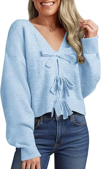 Saodimallsu Womens Bow Sweater Cropped V Neck Long Sleeve Fall Cozy Knit Loose Trendy Pullover Sw... | Amazon (US)