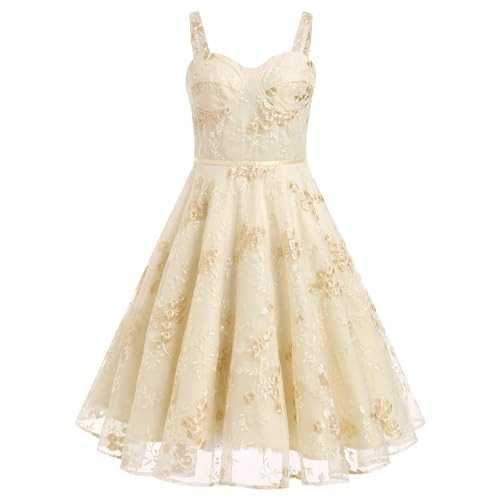 IBTOM CASTLE Women Floral Embroidery Dress: Boho Summer Sundress 1950s Sleeveless Spaghetti Strap Mesh Tulle Swing Dress Formal Cocktail Party Wedding Evening Dance Gown Flowy Corset Dress Apricot M | Amazon (US)