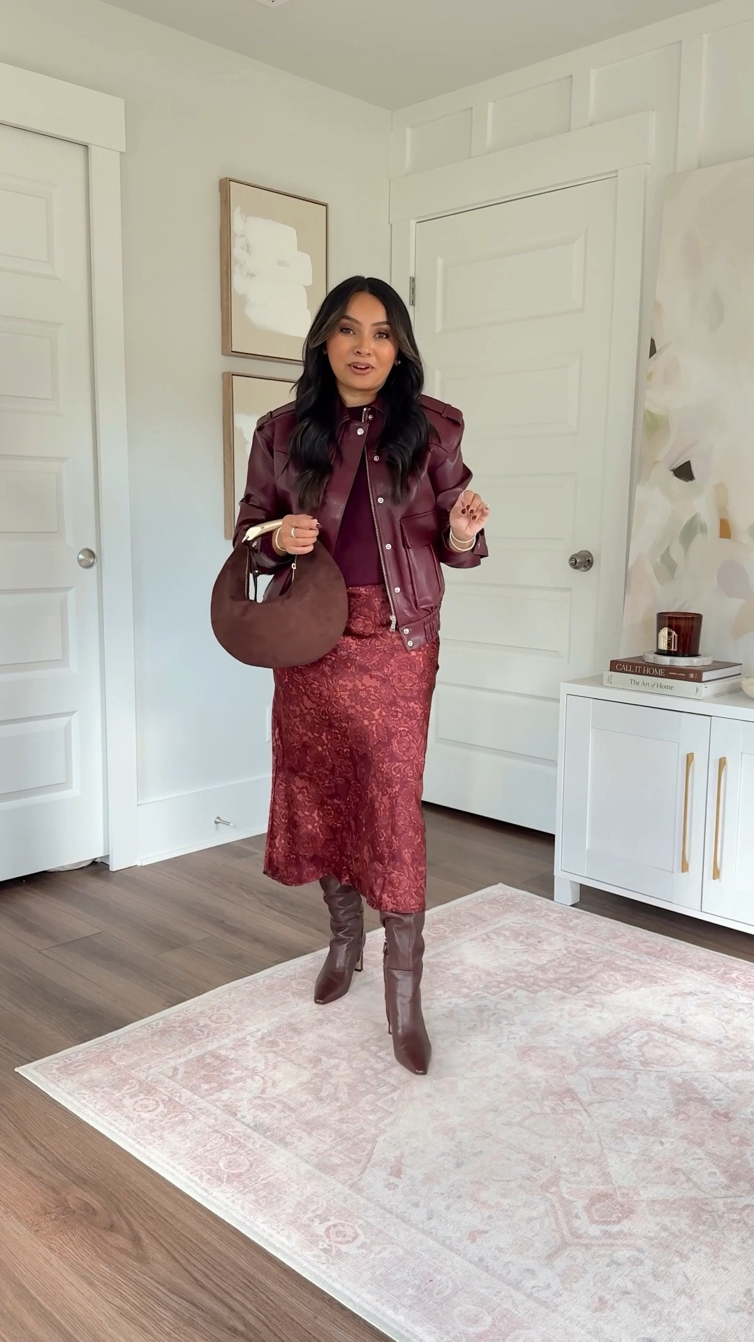 50% off!
Garnet faux leather jacket size xs petie TTS
Burgundy red sweater size xs petite TTS
Garnet floral satin skirt size xs petite - wish I had gone with regular sizing, this fit a little snug in the waist and I wanted the skirt to be longer on me
Brown spiced pecan color boots size 5.5 TTS


#LTKSaleAlert #LTKFallSale #LTKPetite